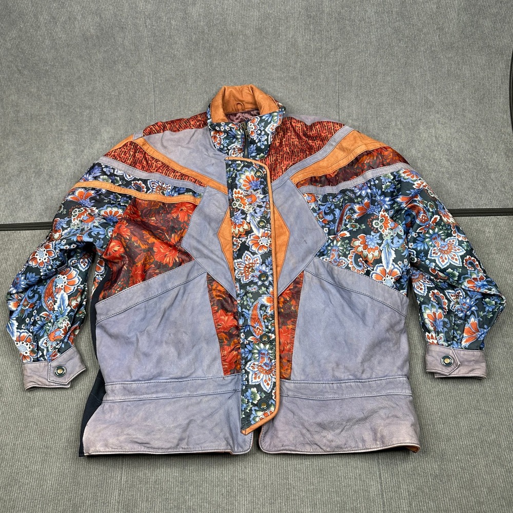 Vintage G-III Leather Patchwork Jacket Floral Paisley Mixed Media Boho XL 80s